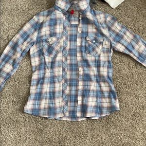 Blue, pink, and white plaid shirt